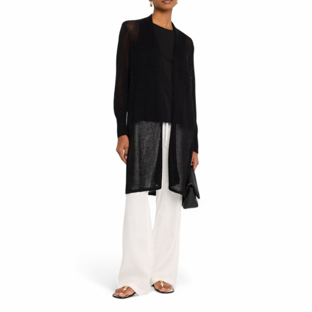 Eileen Fisher Knit Open Front Long Black Cardigan Net Sweater Women's XL